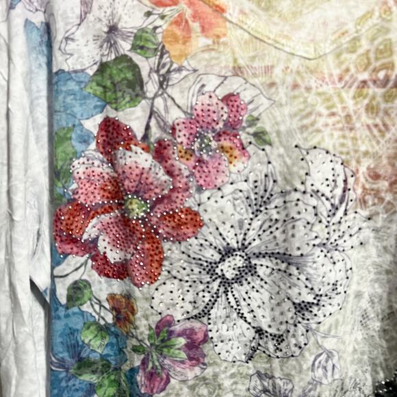 Vintage Jess & Jane Shirt XL Burn Out Sublimation Paris Rhinestones Y2K V Neck - Picture 4 of 8